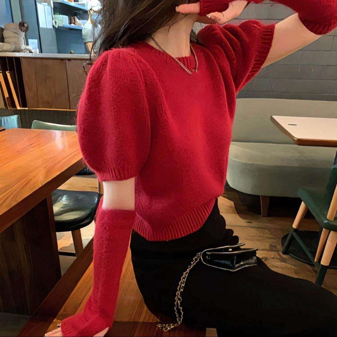 红色袖套上衣短款洋派喜庆羊毛衣女秋冬超好看的断截泡泡袖针织衫
