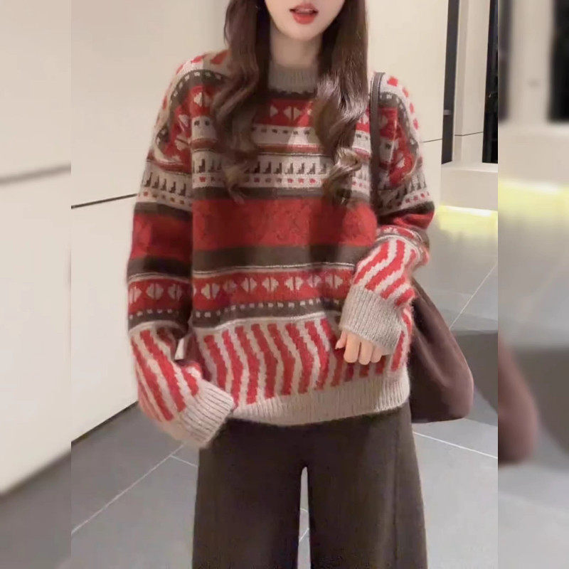 韩系复古提花费尔岛毛衣女秋冬新款大码胖MM慵懒风宽松打底针织衫