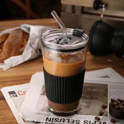 450ml With Stralw Glass Coffee Cup Thick Glass Mug Milk Juic