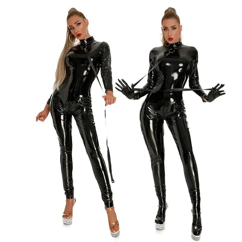 Women Black Shiny Wetlook Latex Catsuit Stretch Faux Pu Leat