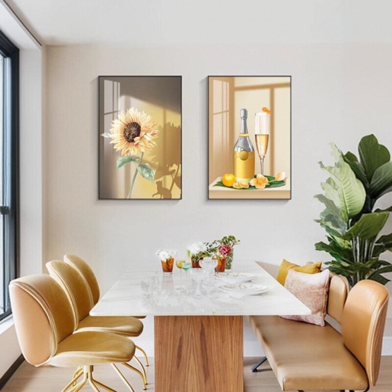 现代简约餐厅装饰画轻奢酒杯花卉饭厅挂画客厅餐桌壁画歺厅两联画