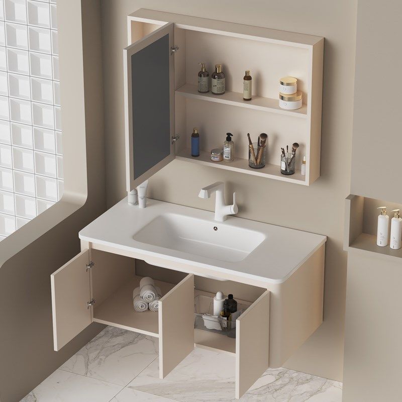 奶油风陶瓷一体盆卫生间洗脸洗手太空铝盆柜组合厕所洗漱台浴室柜