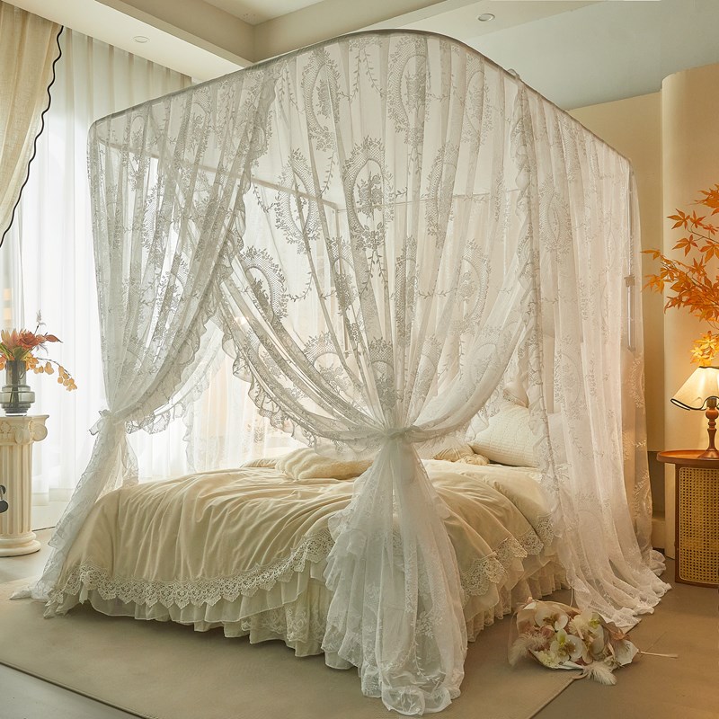 易拆洗蕾丝蚊帐U型伸缩升降不锈钢支架麻纱防尘落地家用卧室床幔