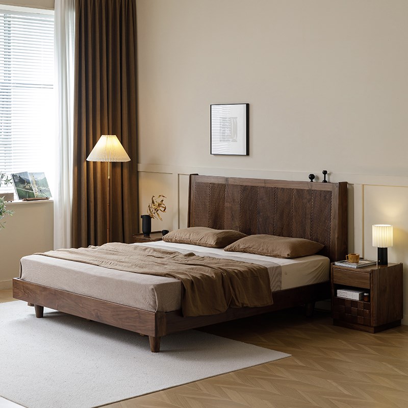 北美黑胡桃木床全实木雕刻高靠背复古主卧1.8米双人床中古原木床