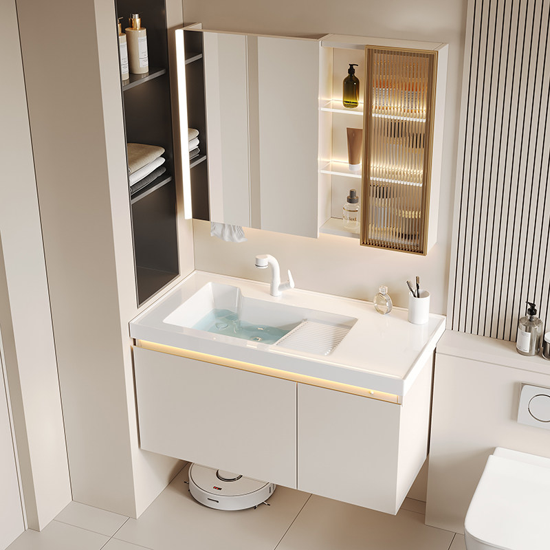 带搓衣板陶瓷一体盆奶油风浴室柜组合化妆室洗漱台洗衣柜洗手盆柜