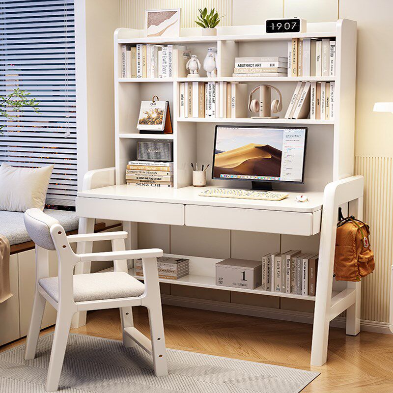 全实木儿童学习桌现代简约家用书桌书架组合一体初高中学生写字桌