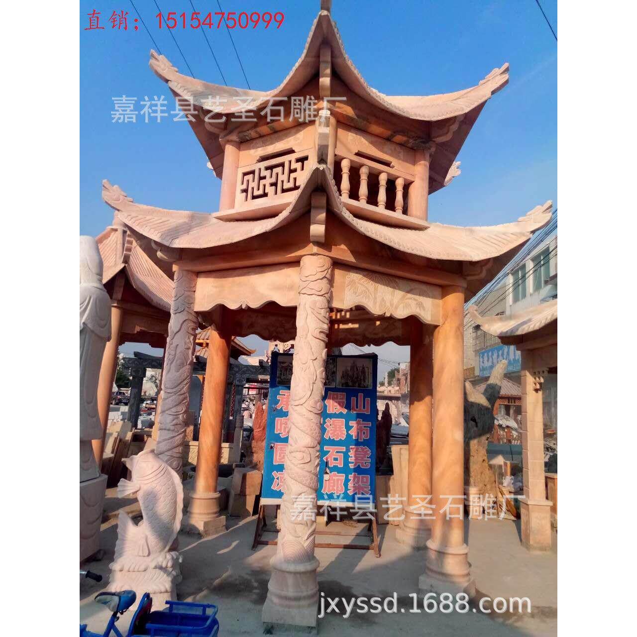 艺圣厂家定做园林雕塑晚霞红六角石亭子花岗岩大理石双层石凉亭