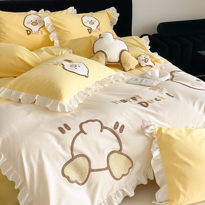 卡通可爱小鸭子100S全棉磨毛四件套秋冬加厚被套儿童裸睡床上用品