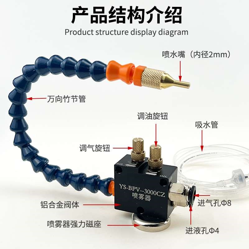 机床喷雾器雾化喷头喷嘴气动喷油器YS-BPV-3000总成万向冷却水管