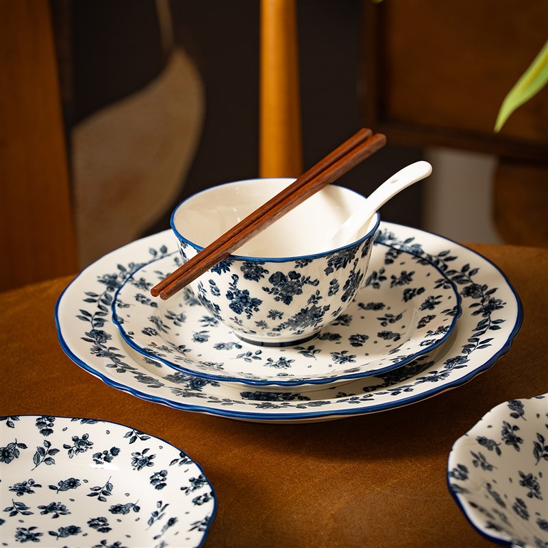 汤时青花釉下彩中古风餐具乔迁新居送礼高级感盘碗筷组合套装家用