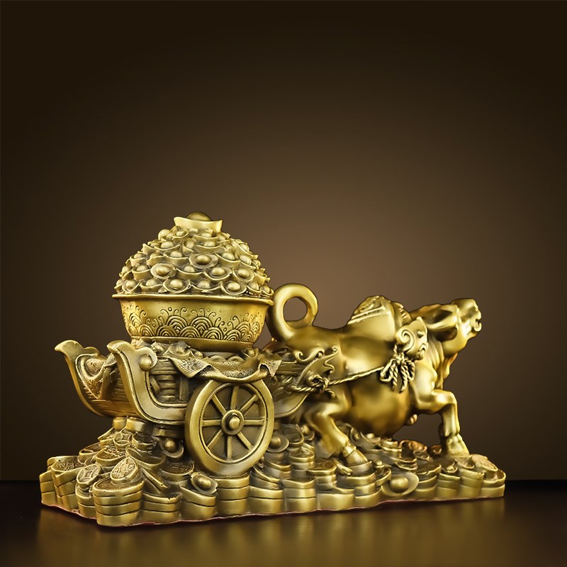 铜牛摆件纯黄铜牛拉车招财家居客厅办公室饰品牛拉元宝开业礼品
