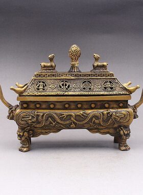 仿古纯铜卧香炉家用尼泊尔双龙八吉祥黄铜檀香炉香薰炉线香炉摆件