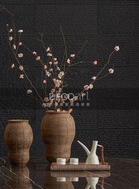 邸高民宿侘寂风餐厅样板房间布置餐边柜陶瓷花瓶花器实木托盘摆件