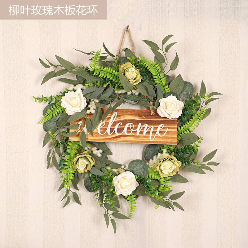 新款人造花玫瑰圈柳叶木板花环仿真玫瑰花环字牌花环摆件门挂批发