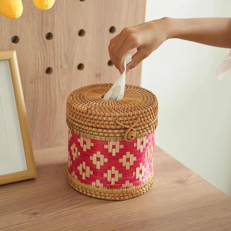 中式手工藤编民族复古创意桌面客厅餐厅木质圆形纸巾盒抽纸收纳