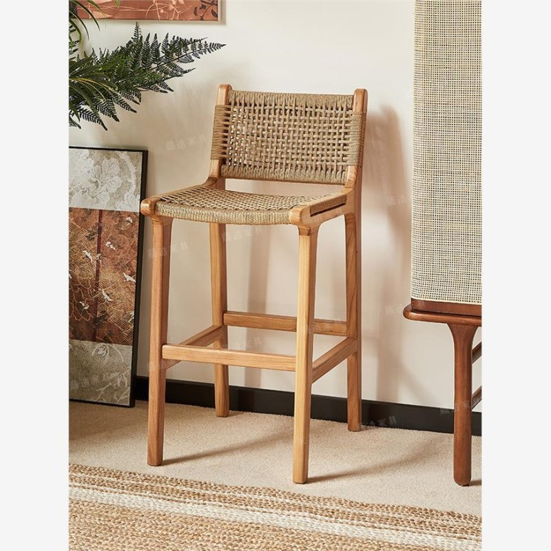 FD18-10实木吧椅藤编装饰民宿酒吧高脚凳子家用吧台卡座座椅家用
