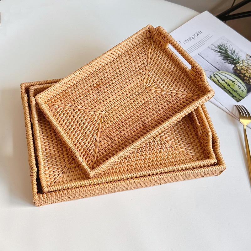 越南秋藤编织收纳筐水果点心托盘筐餐桌面抽屉整理摆居家野餐篮子