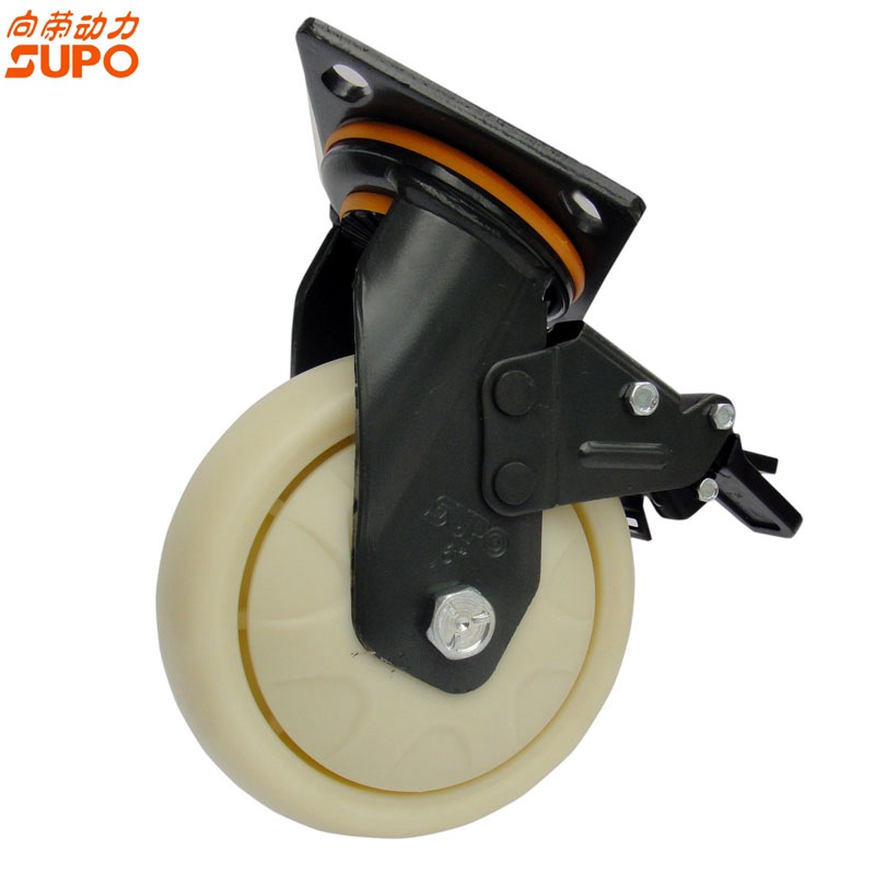 向荣脚轮 墨绿漆6寸双刹奶白色圆面PP轮 静音环保轮单轮载重400KG