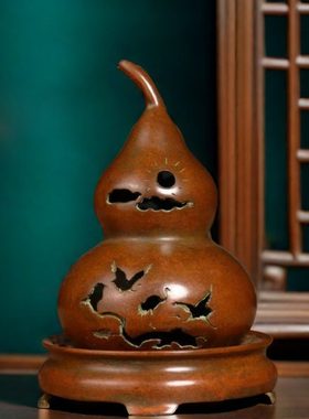 仿古纯铜鎏金葫芦香炉香薰炉铜器工艺品家居办公室吧台装饰摆件