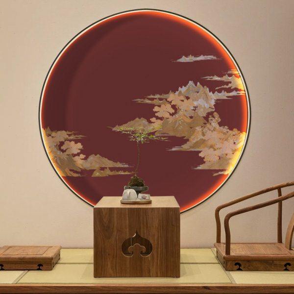 新中式玄关装饰画圆形画芯山水画客厅餐厅壁纸禅意茶室立体肌理画