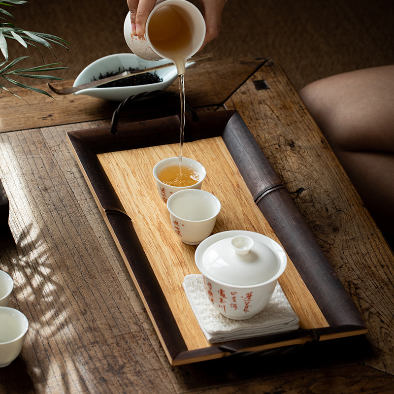 竹子托盘长方形家用放茶杯 双耳提手茶盘托盘收纳盘果盘复古日式
