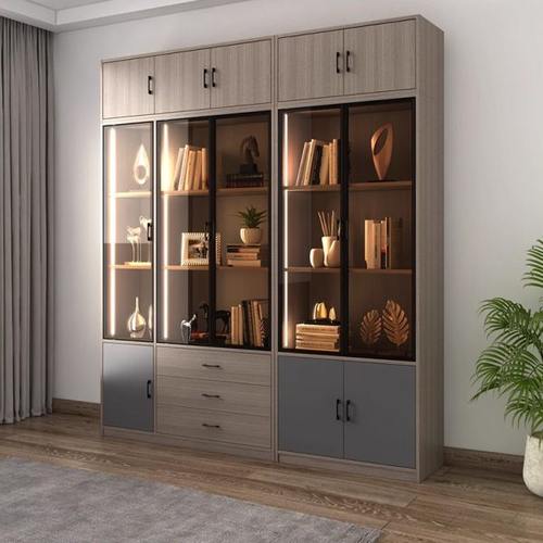 北欧书柜一体到顶客厅轻奢玻璃带门简约现代书橱置物落地书房书架