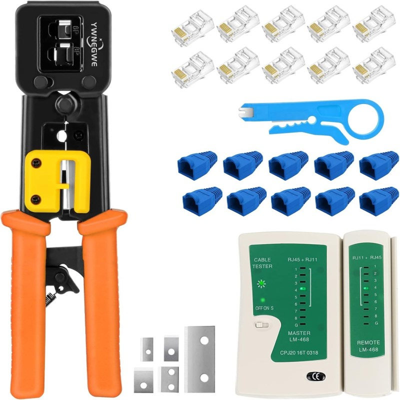 Ethernet Crimper Kit RJ45 Cat6 Cat5e Crimping Tool Pass Thru