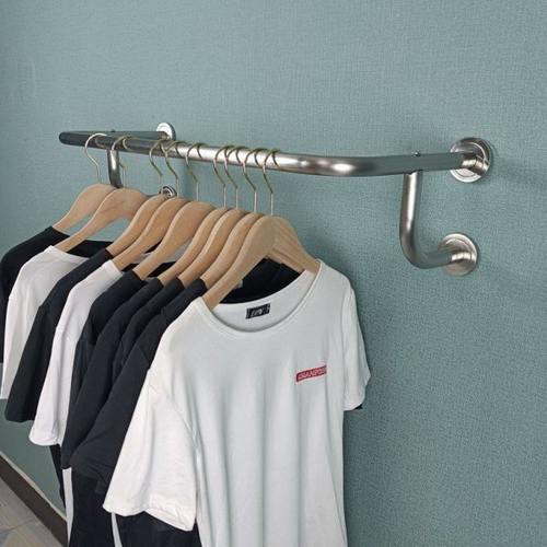 服装店不锈钢展示架上墙钛金色正侧挂拉丝银圆管挂衣杆女装挂衣架