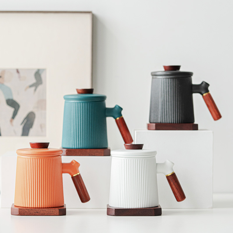 简约陶瓷茶水分离泡茶杯子木柄带过滤大容量泡茶杯子家用办公室杯