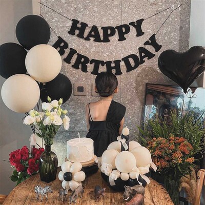 HAPPY BIRkTHDAY黑色字母拉旗派对背景墙装饰生日派对装饰用品气