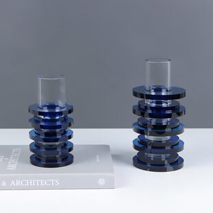 简约现代几何形蓝色水晶花器摆件样板间家居餐桌插干花瓶软装 饰品