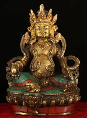 尼泊尔工艺纯黄铜手工镶嵌宝石彩绘描金黄财神摆件藏财神招财神像