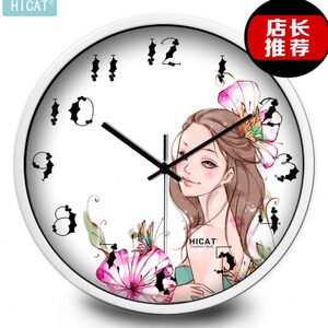 HICAT疯小猫小清新美女挂钟个性创意潮流电子石英??钟表静音扫秒