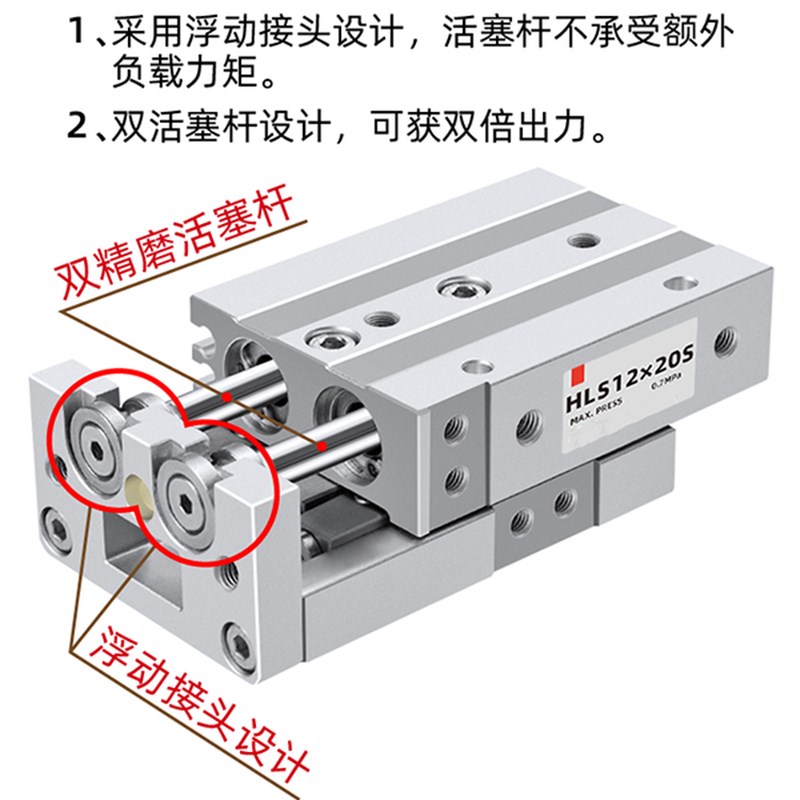 滑台导轨气缸HLS6/8/12/16/20/25X10X30X40X50精密滑轨气缸