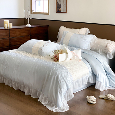 法式公主风兰精h天丝四件套绣花荷叶边被套床单高级感轻奢床上用