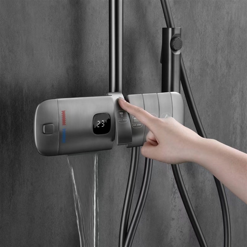 网红高端枪灰色电灯开关面板式航母恒温数显淋浴花洒套装四档增压