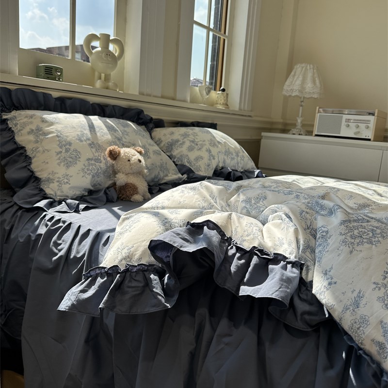 法式复古a公主风藏青色碎花荷叶边床裙四件套1.5m1.8米少女心被套