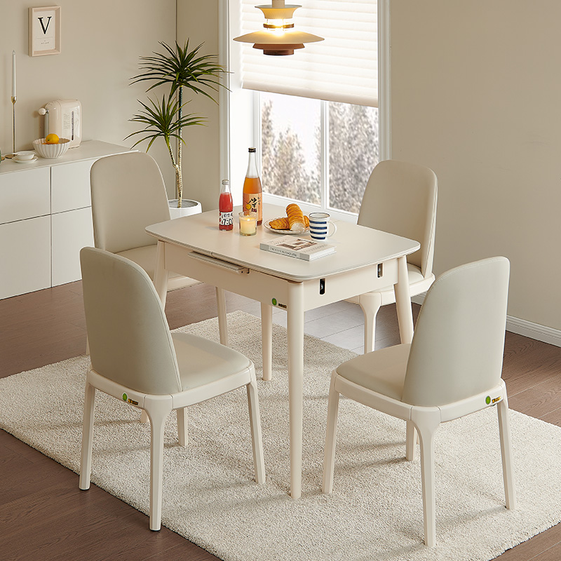 伸缩餐桌岩板现代轻奢简约家用小户型可折叠实木奶油风白色饭桌子