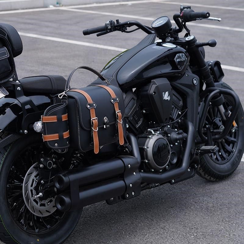 适用奔达黑旗00帆布边包覆古改装摩托车皮质边箱靠背 护杠保险