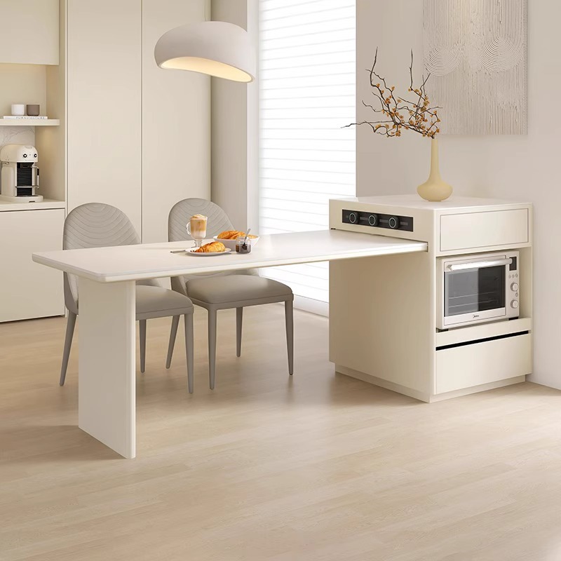岛台奶油风可伸缩餐桌一体家用现代简约小户型抽拉格设计中岛台