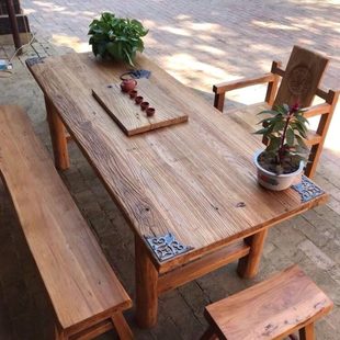 老榆木门板桌实木桌复古做旧木板茶桌餐桌复古民宿吧台户外桌椅