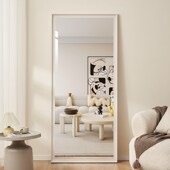 白木色全身镜子奶油风壁挂墙穿衣镜贴墙自粘落地镜仿实木大试衣镜