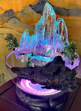 中式玻璃鱼缸办公室家居商铺装饰品峰山水起创意山水摆件