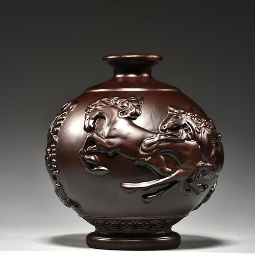 黑檀木雕八骏雄风花瓶摆件马到成功客厅插花装饰家居实木质工艺品