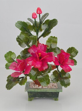 天然玉石盆栽3朵牡丹花装饰花工艺品 家居饰品客厅摆件仿真花创意