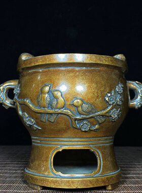 仿古纯铜鎏金喜上眉梢炭火炉煮茶器铜器工艺品家居茶台装饰摆件