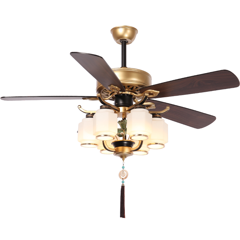 新中式风扇灯客厅吊扇灯餐厅灯扇一体家用复古木叶静音卧室电扇灯