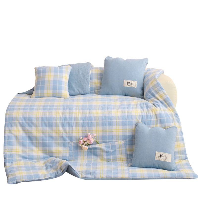 全棉色织格子水洗抱枕被子两用二合一学生午睡折叠毯纯棉空调被夏