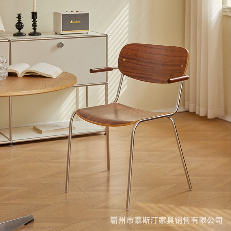 意式轻奢靠背椅简约复古金属/MESSI不锈钢胡桃木曲木座面扶手餐椅