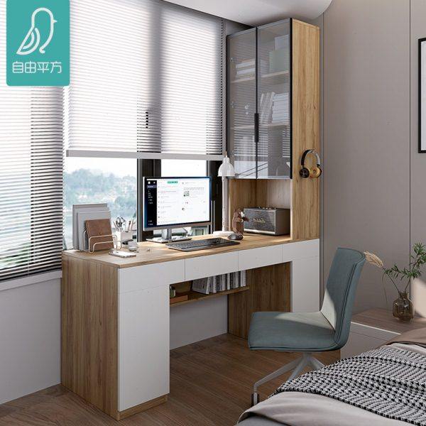 现代简约转角桌家用实木书桌书柜一体靠墙多功能办公学习桌定制zy